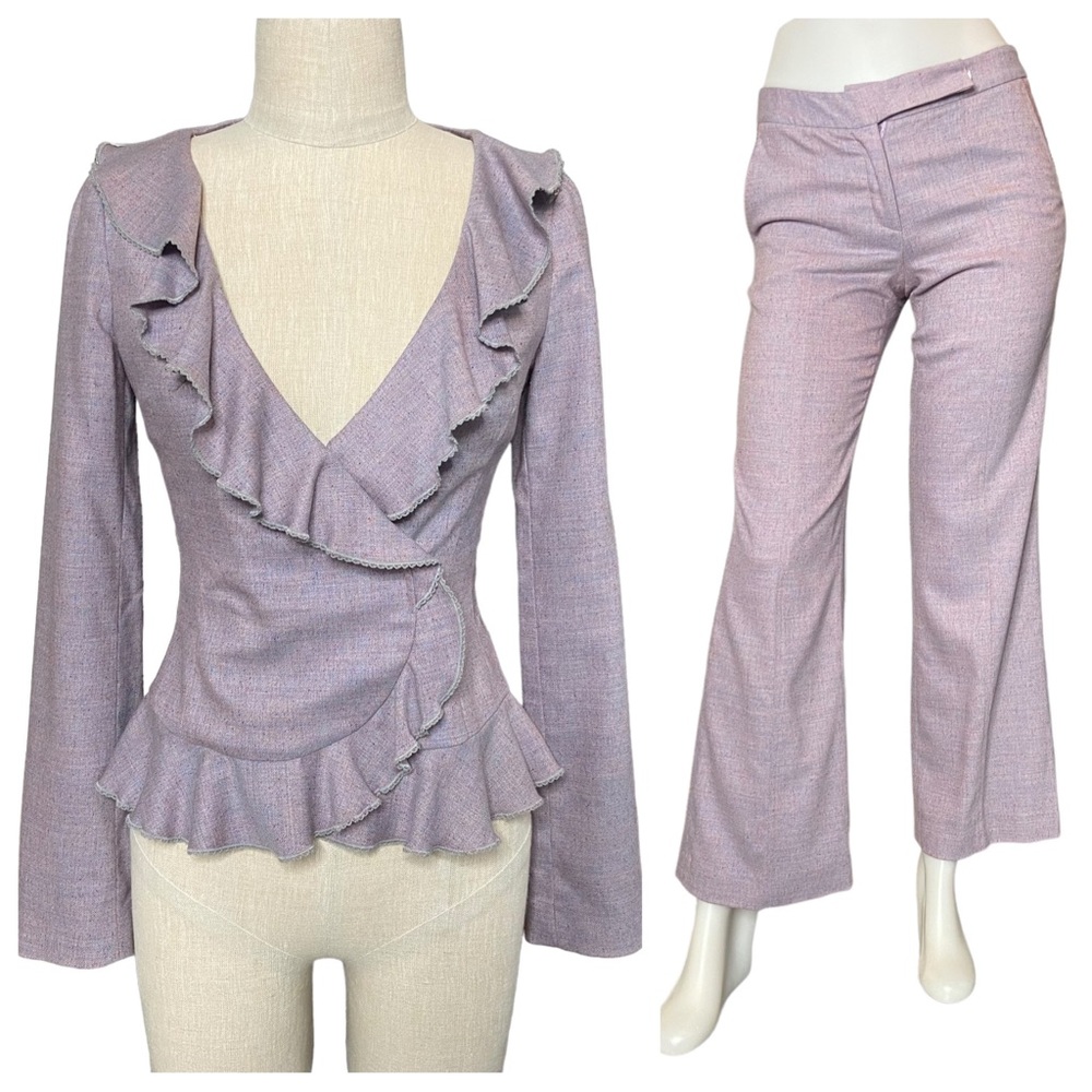 The Wrights Ruffle Blazer Jacket Purple Pant Career Luxury Tailored Suit Set 2
